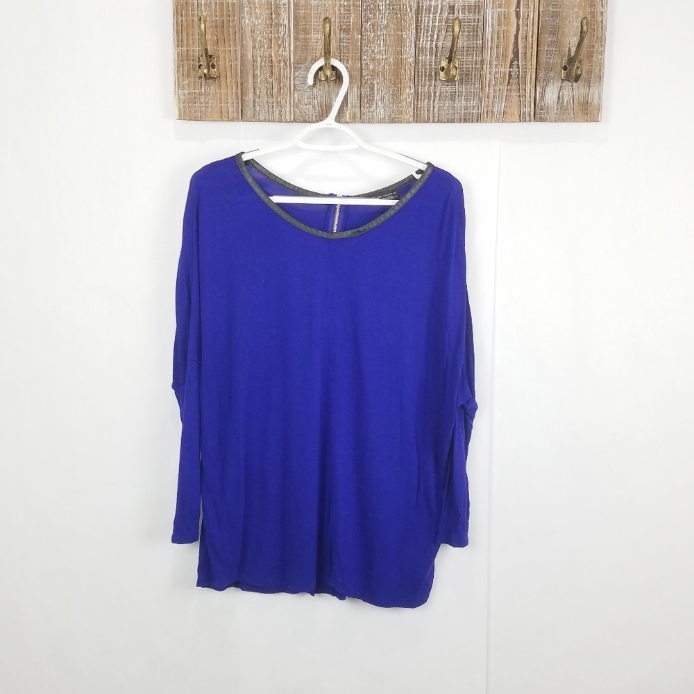 Zara Top Womens Medium Blue Faux Leather Trim Dolman Sleeve Blouse